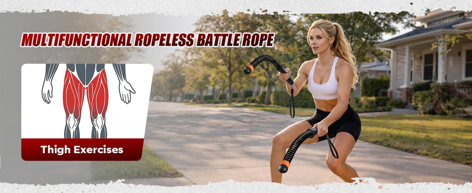 Woman using black SEDEEP portable ropeless battle ropes for thigh exercises during an outdoor squat workout