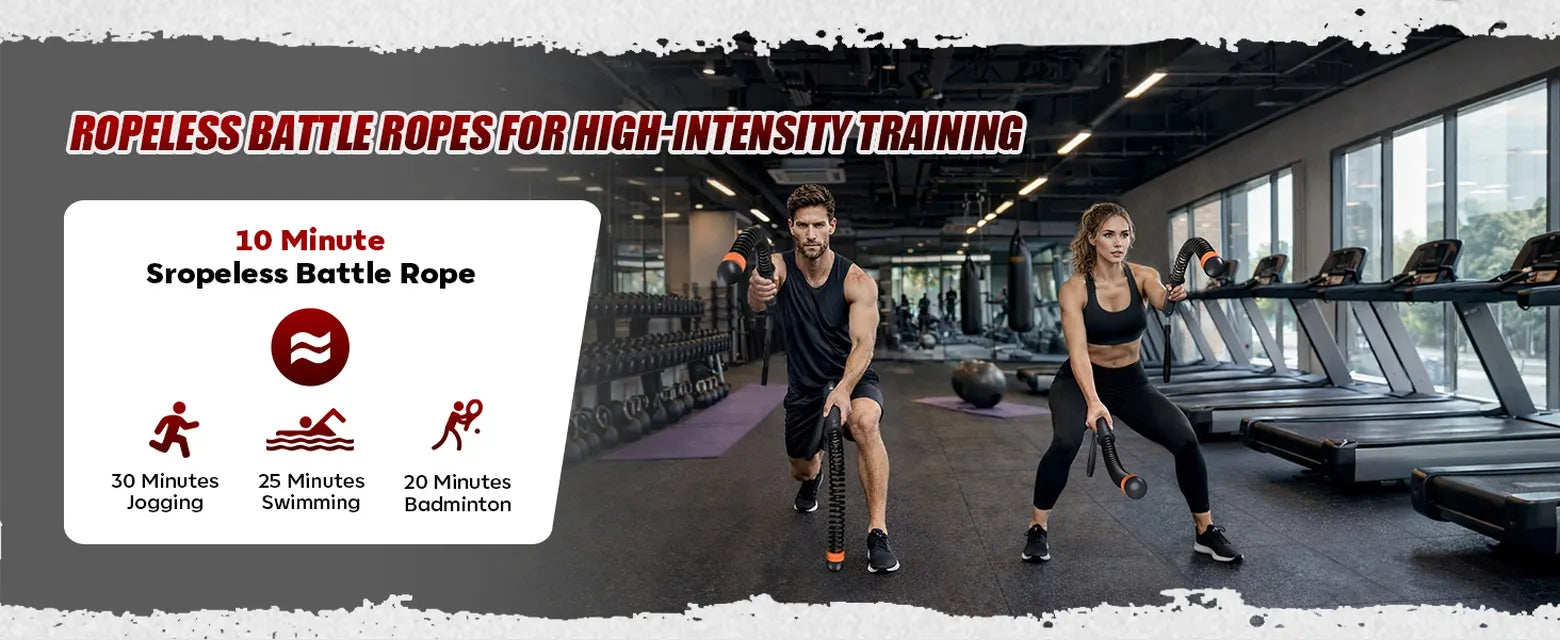 Man and woman using black SEDEEP portable ropeless battle ropes during a high-intensity gym workout