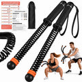 Black SEDEEP portable ropeless battle ropes with wrist straps, a storage bag, fitness poster, and two workout demonstrations on a white background