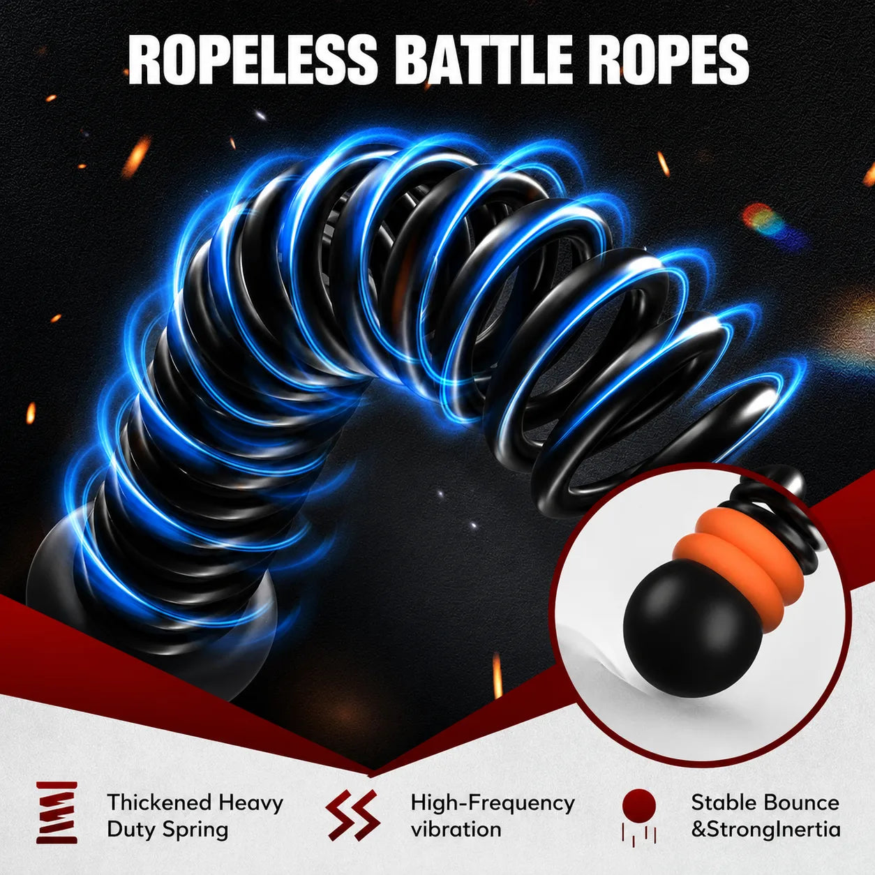Close-up of a black SEDEEP portable ropeless battle rope with a coiled spring, orange resistance rings, and weighted end