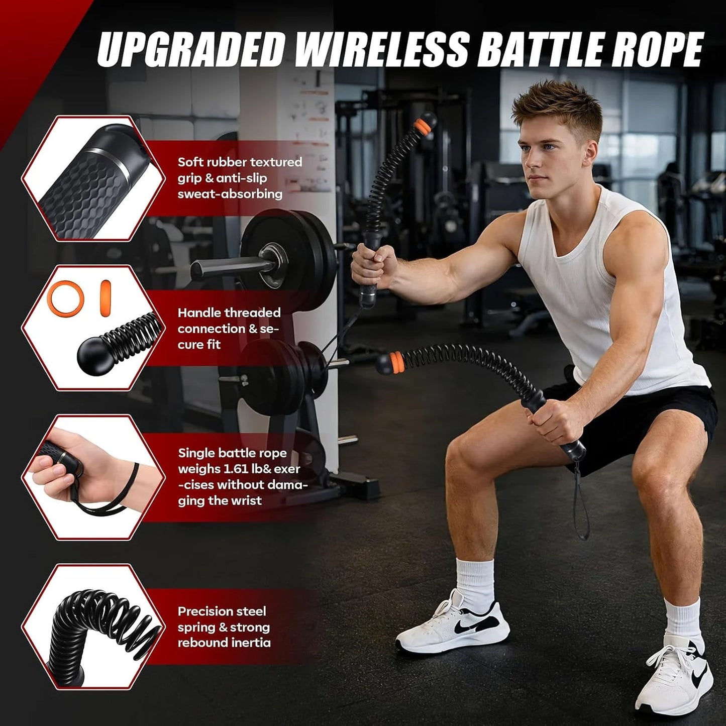 Man using black SEDEEP portable ropeless battle ropes with textured handles, wrist straps, and steel springs during a gym workout