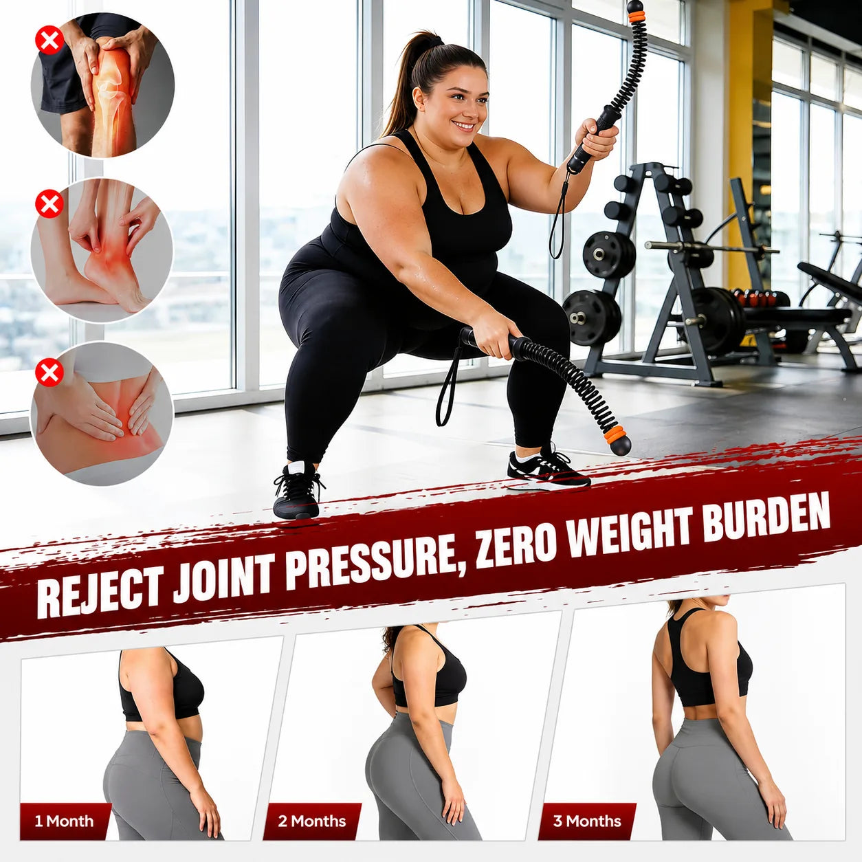 Woman performing a squat workout with black SEDEEP portable ropeless battle ropes in a gym setting