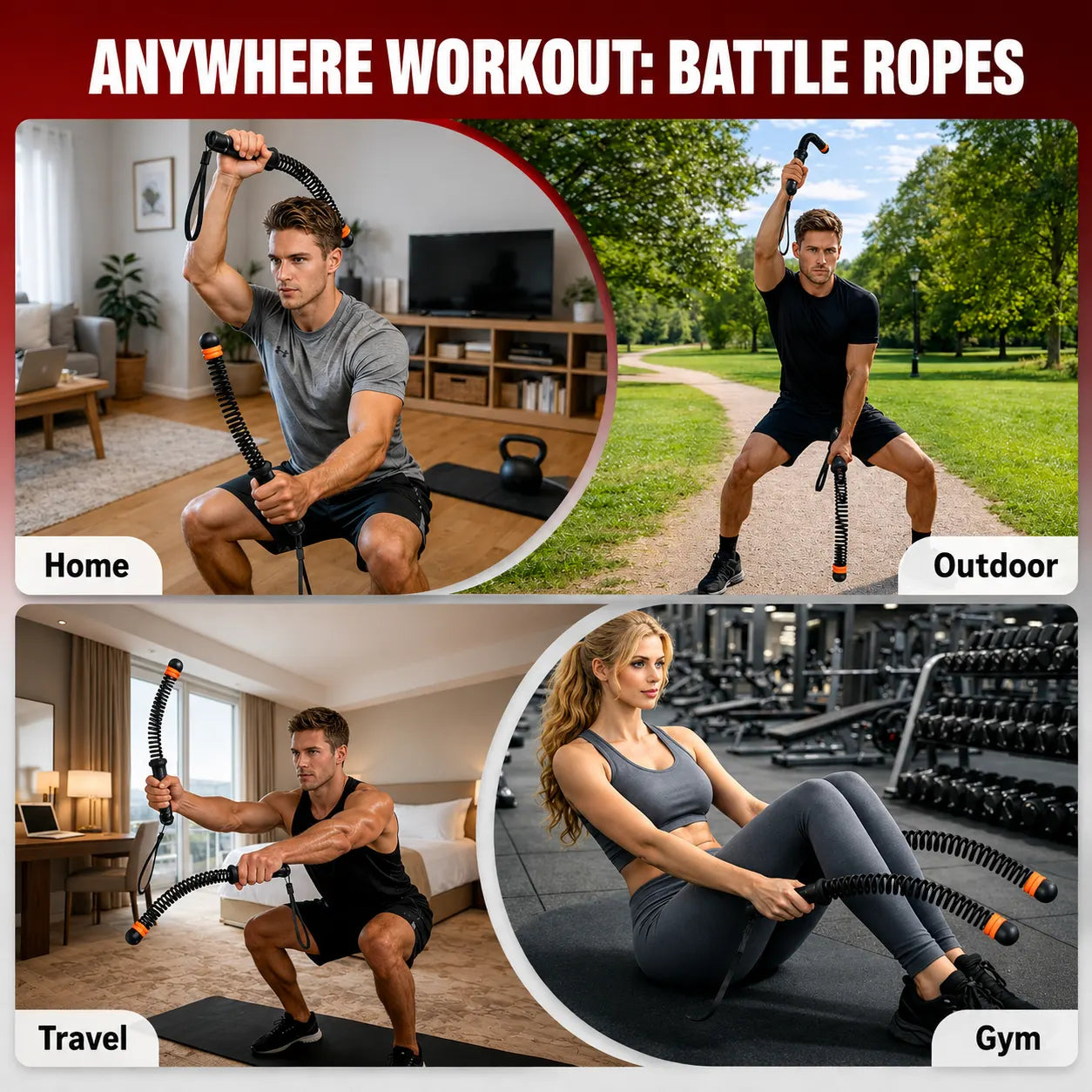 Men and women using black SEDEEP portable ropeless battle ropes for workouts at home, outdoors, while traveling, and in the gym