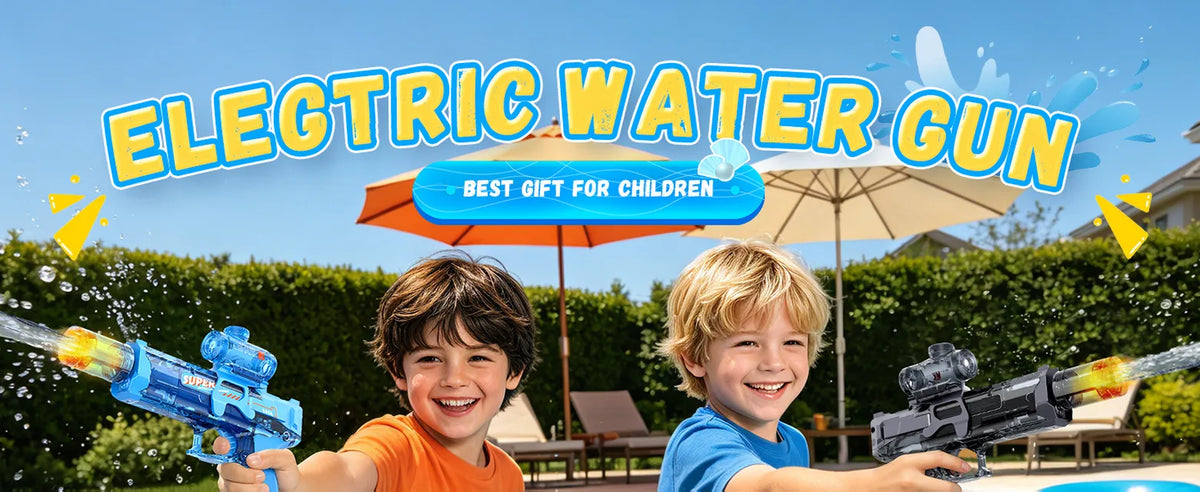 Two children holding blue and black automatic electric water guns during a backyard water game