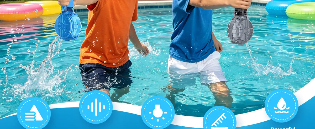 Two children holding blue and black automatic electric water guns with round water tanks while playing in a swimming pool