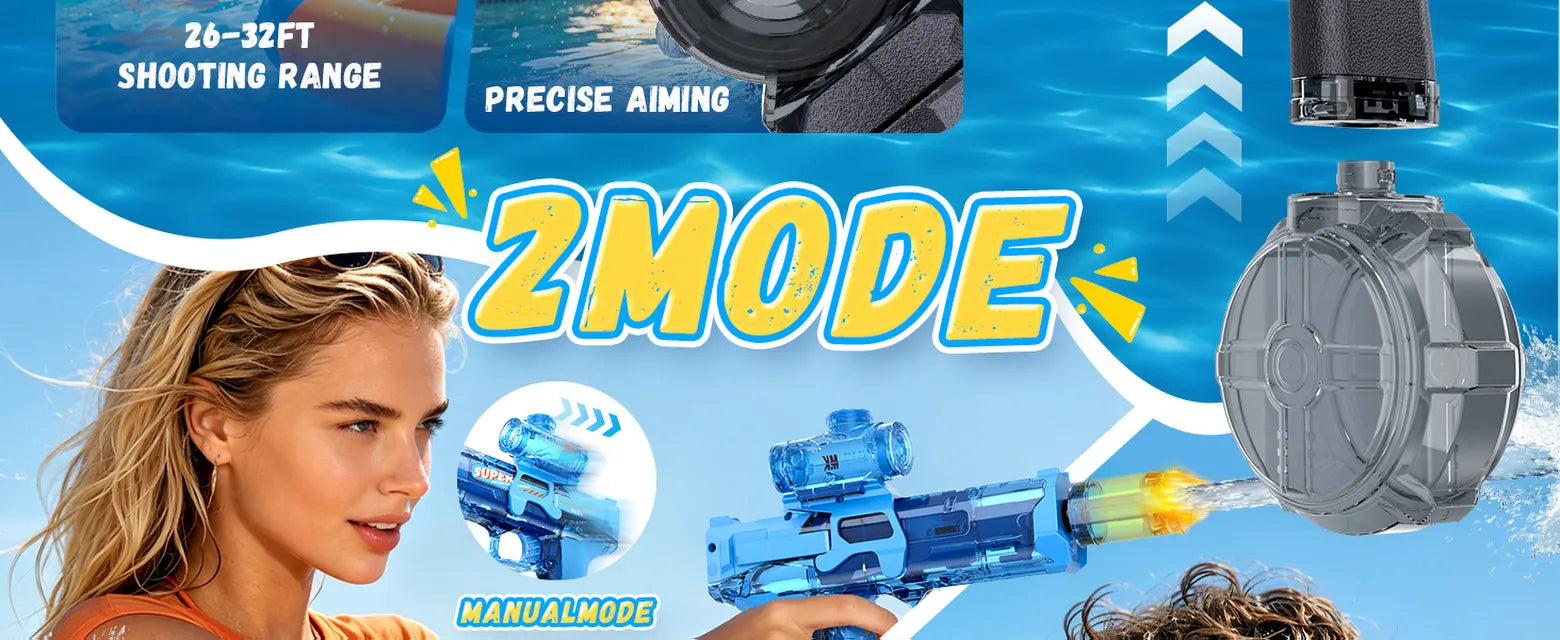 Blue automatic electric water gun feature graphic showing two operating modes, detachable water tank, precise aiming, and 26 to 32 ft shooting range