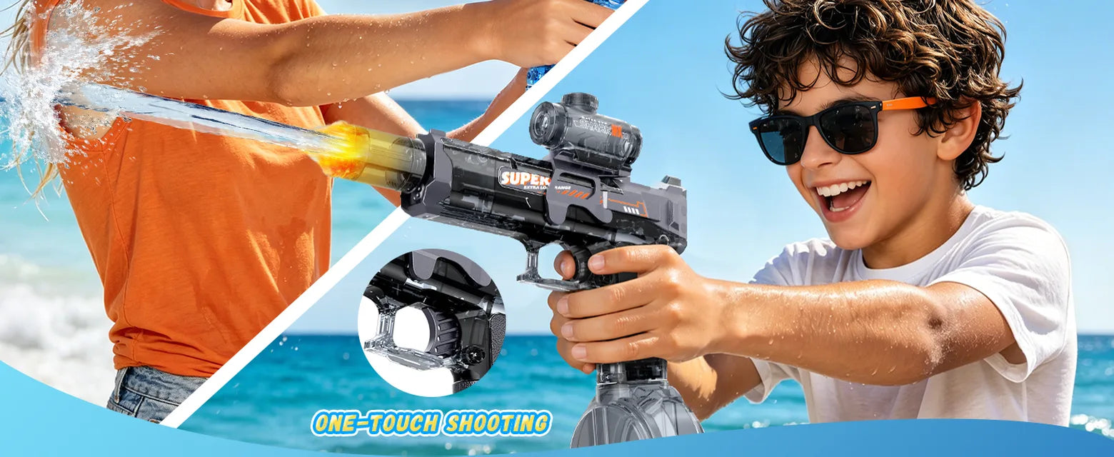 Boy using a black automatic electric water gun with one-touch trigger operation at the beach