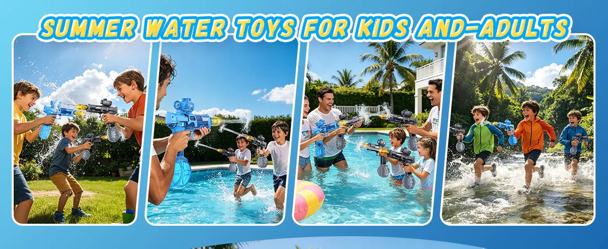 Kids and adults using blue and black automatic electric water guns during outdoor summer water games