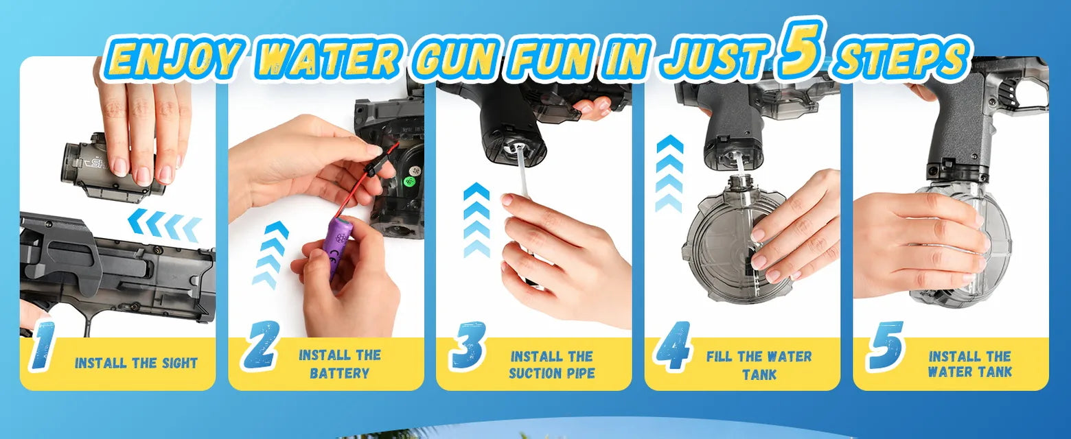 Five-step setup guide for installing the sight, battery, suction pipe, and water tank on the automatic electric water gun
