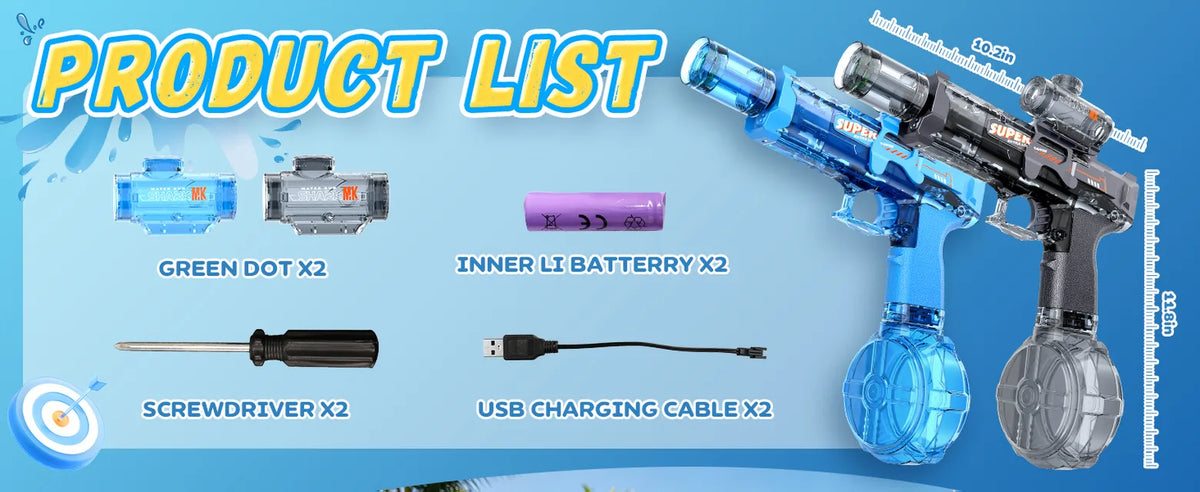 Automatic electric water gun set with two blasters, detachable tanks, sights, rechargeable batteries, screwdrivers, and USB charging cables