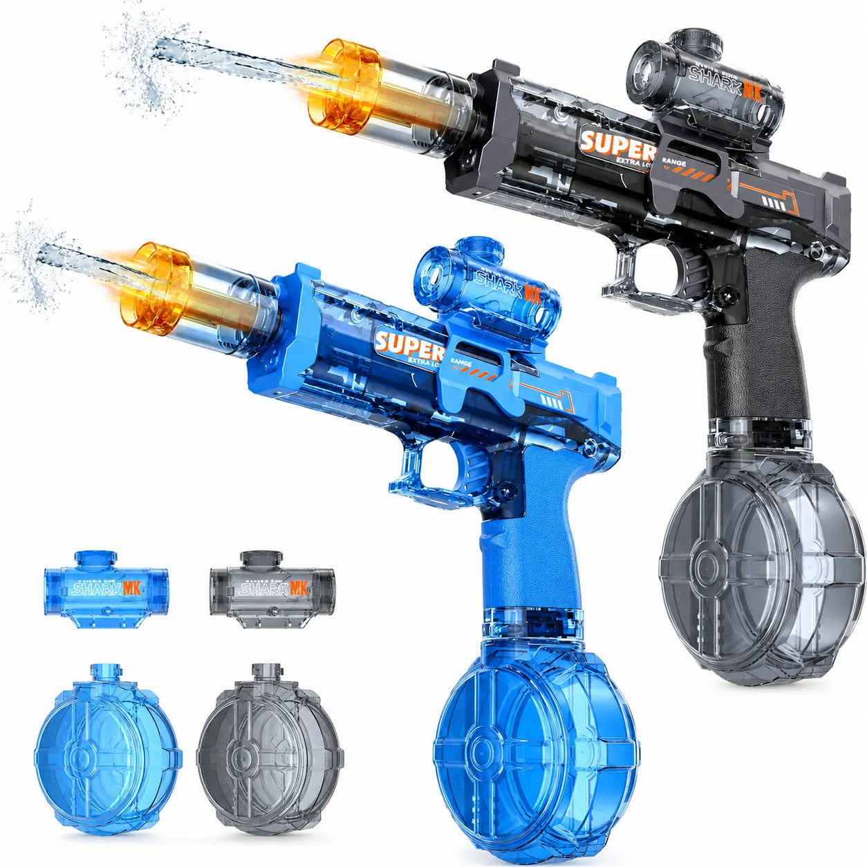 Black and blue automatic electric water gun set with detachable round water tanks on a white background