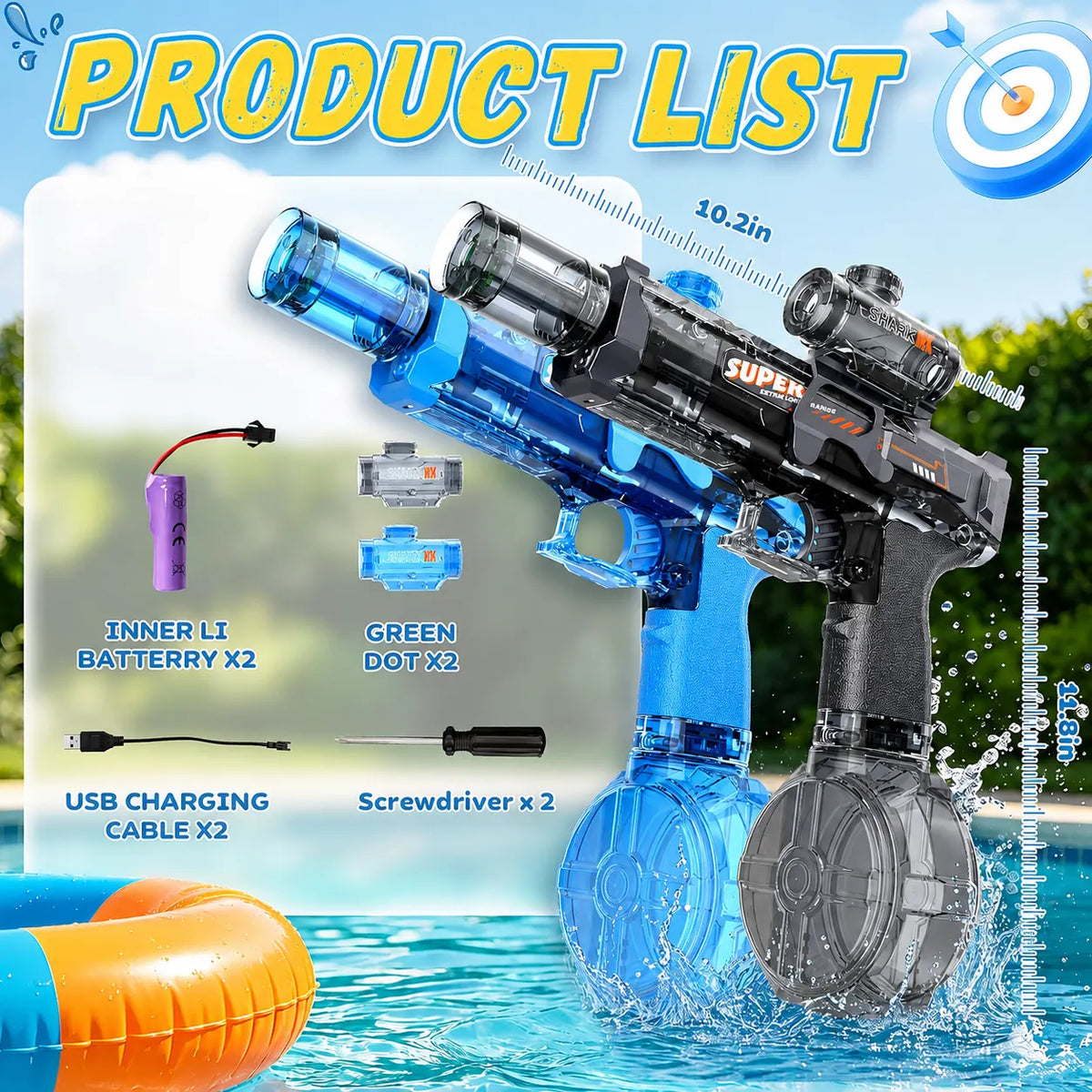 Blue and black automatic electric water gun set with two sights, rechargeable batteries, USB charging cables, screwdrivers, and product dimensions