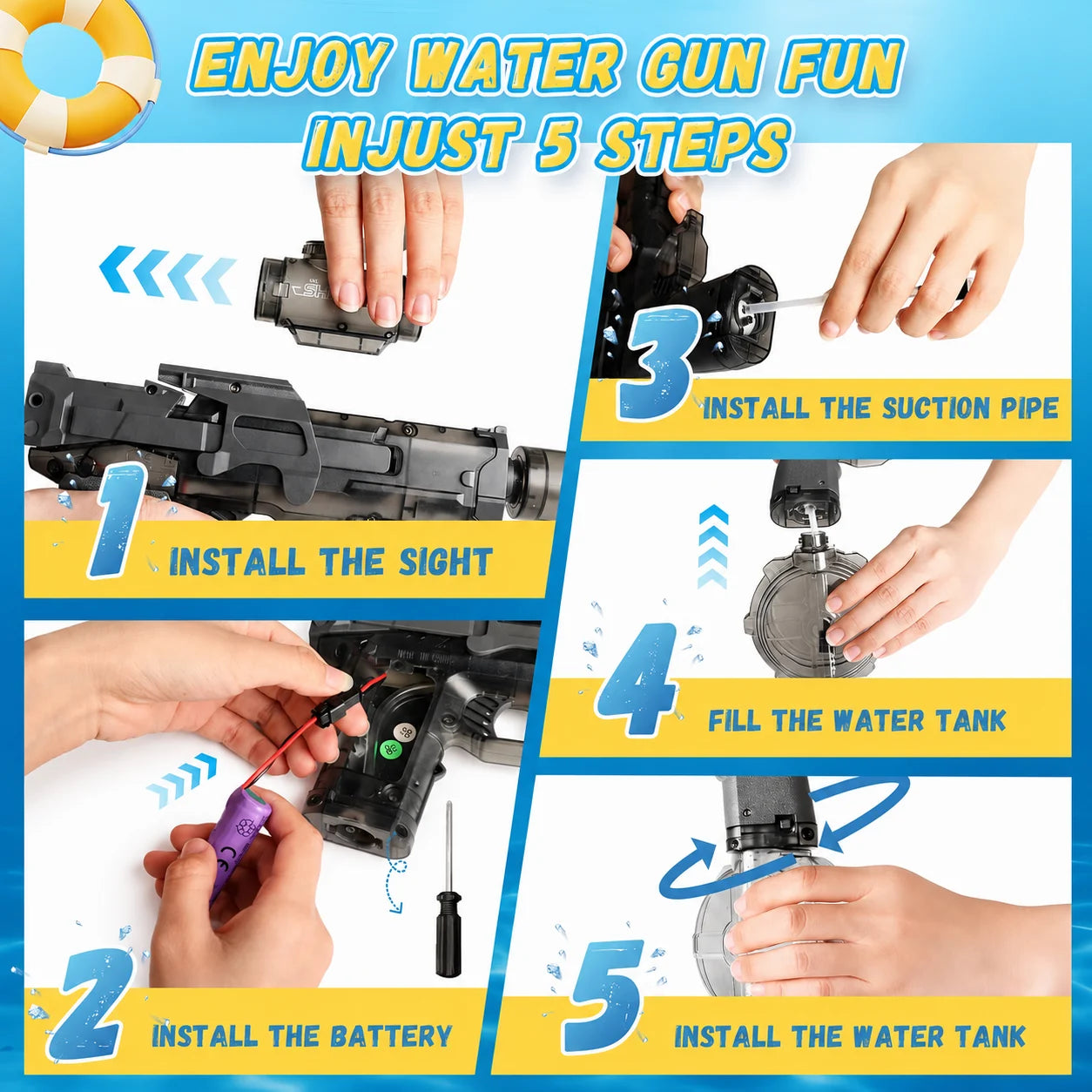 Five-step setup guide for installing the sight, battery, suction pipe, and water tank on the automatic electric water gun