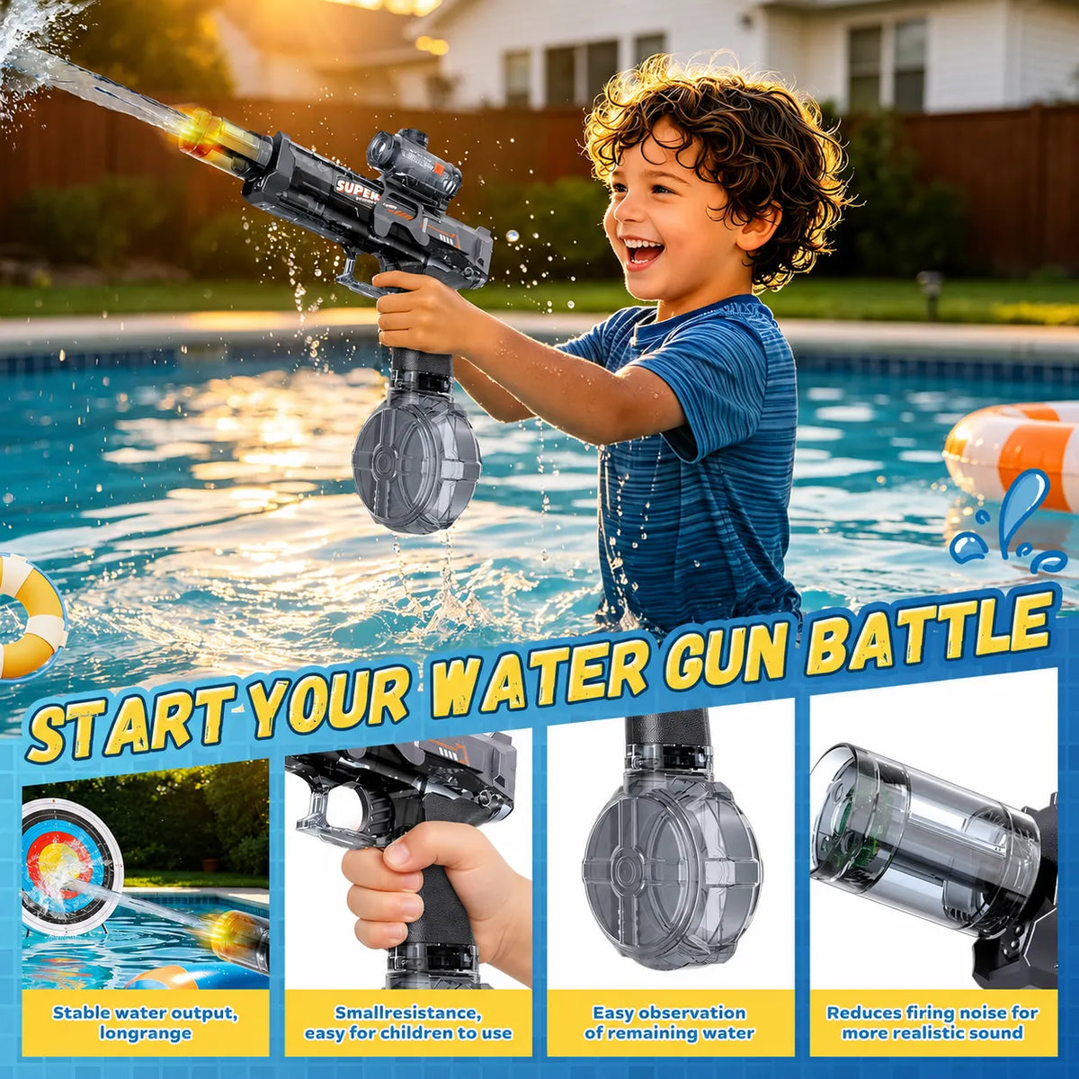 Boy using a black automatic electric water gun with a round water tank during a poolside water battle