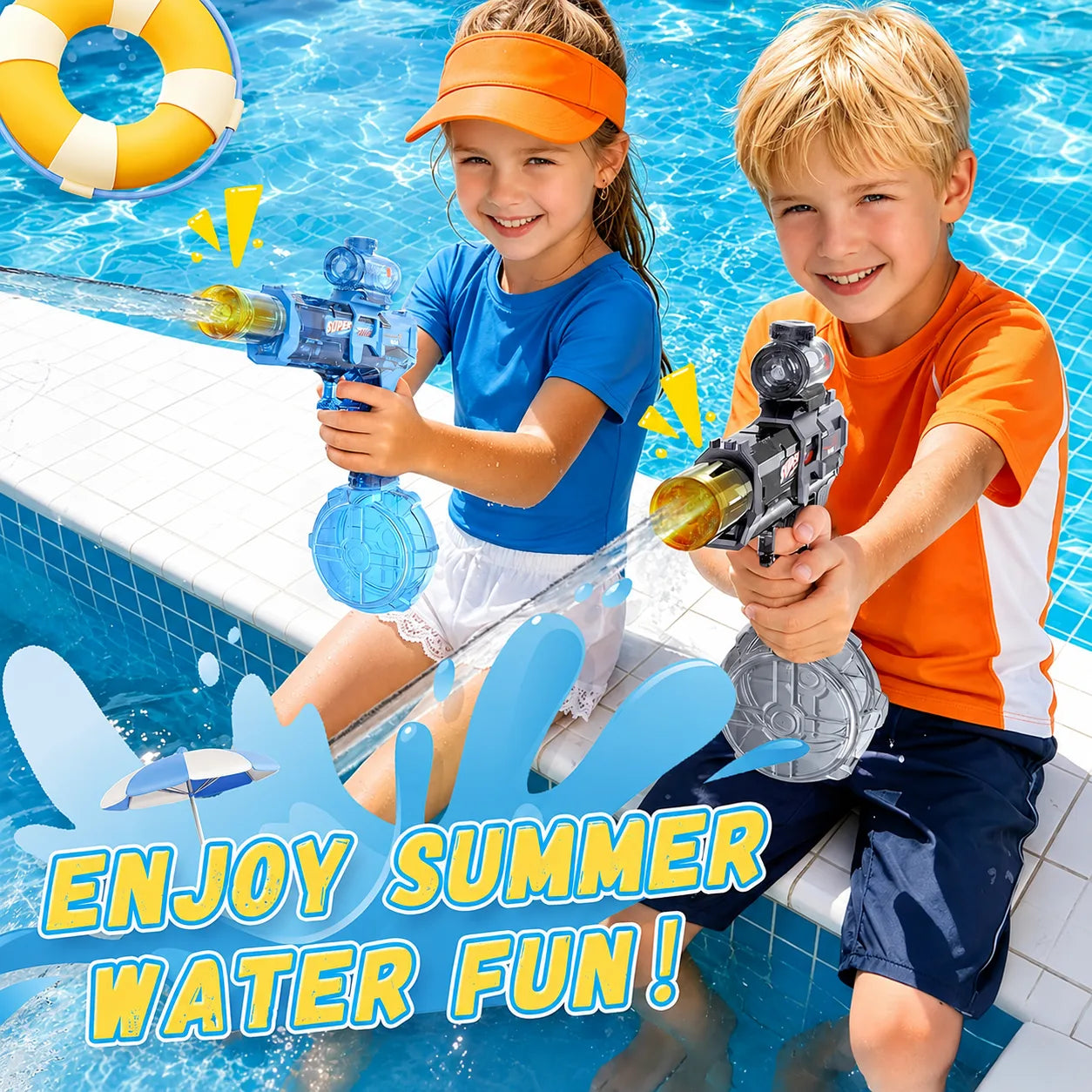 Two children holding blue and black automatic electric water guns beside a swimming pool during summer water play