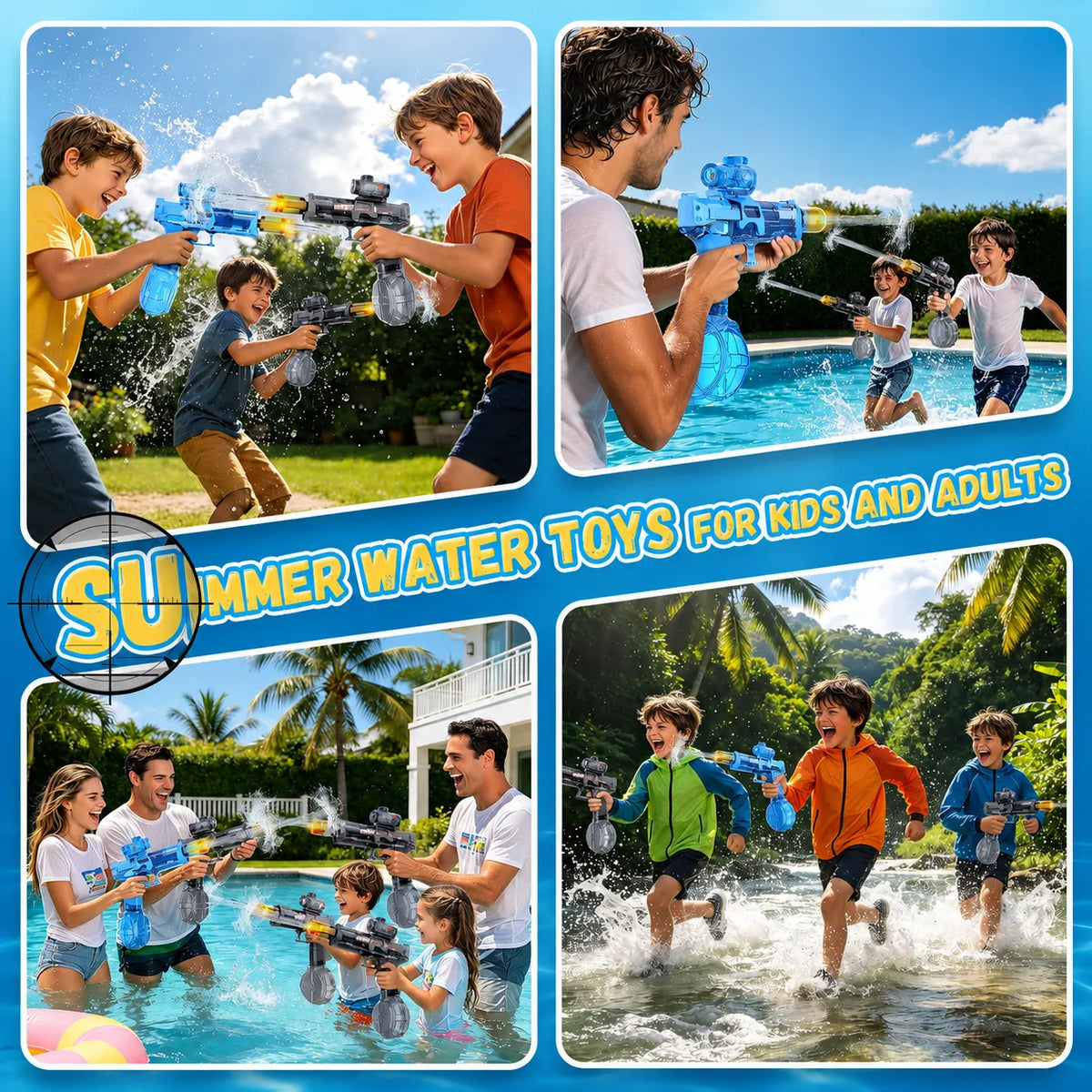 Kids and adults using blue and black automatic electric water guns during backyard, poolside, and outdoor summer water games