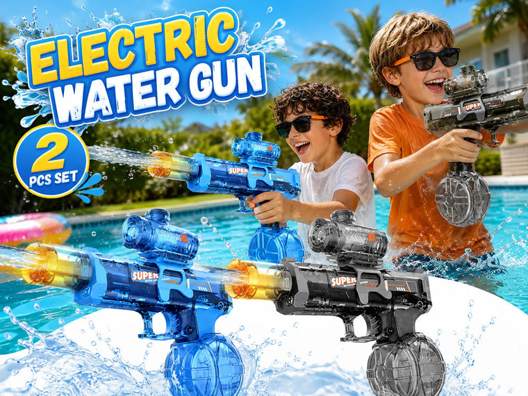 Two children using blue and black automatic electric water guns from a two-piece set during a swimming pool water fight