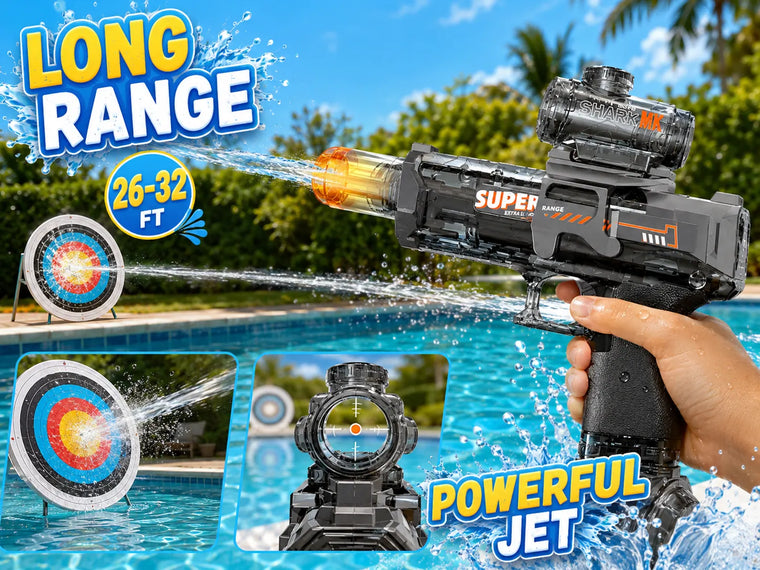 Black automatic electric water gun demonstrating a 26 to 32 ft shooting range with a top sight during poolside target practice