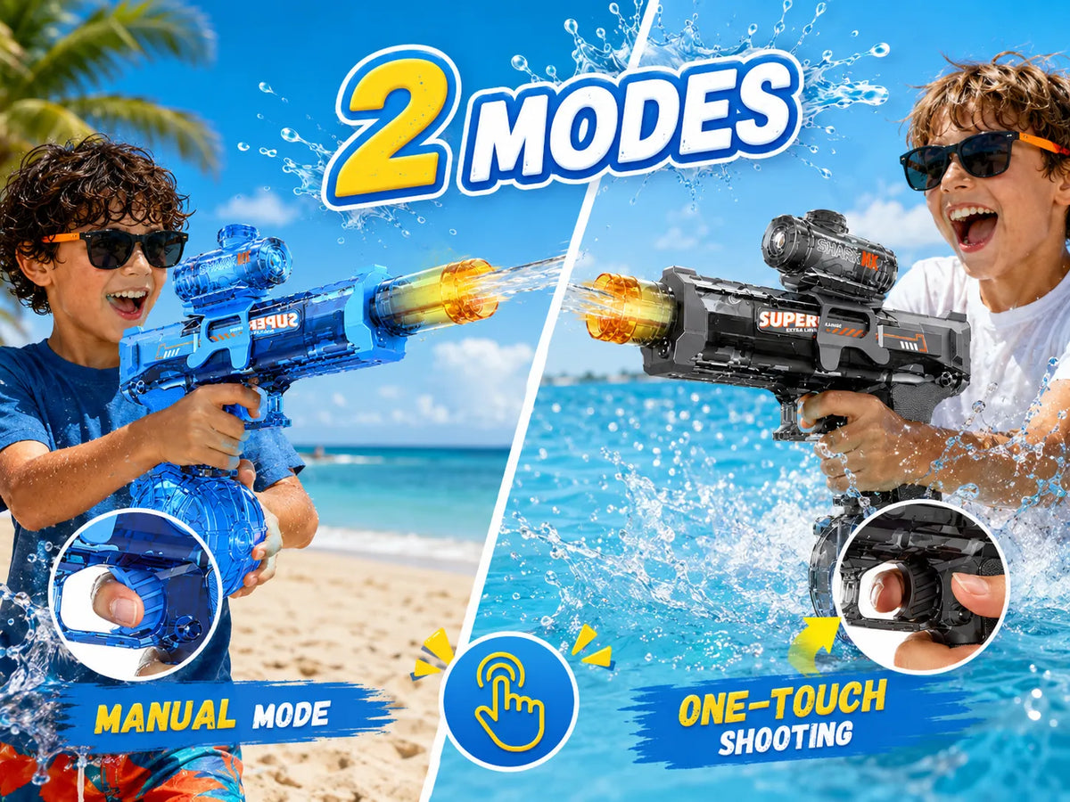 Two children using blue and black automatic electric water guns with manual and one-touch shooting modes at the beach