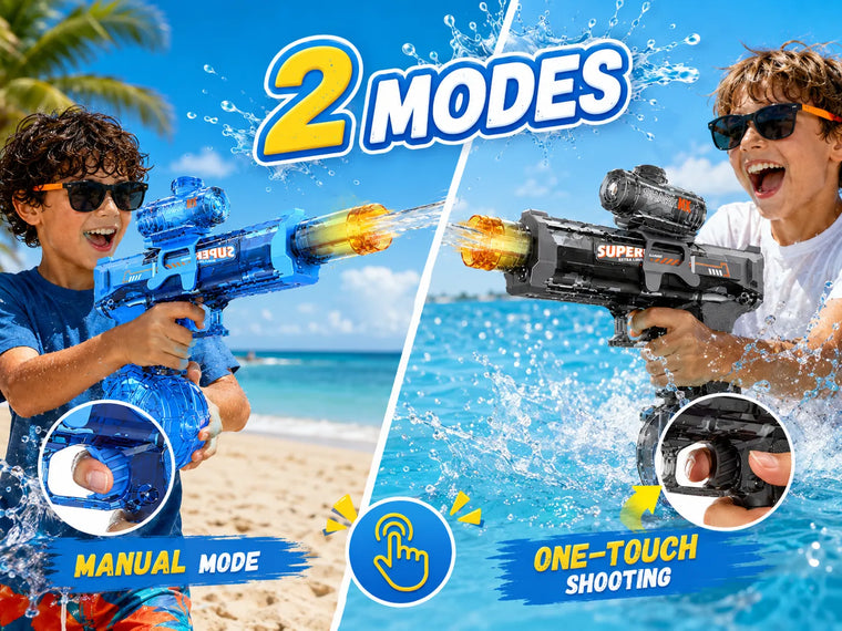 Two children using blue and black automatic electric water guns with manual and one-touch shooting modes at the beach