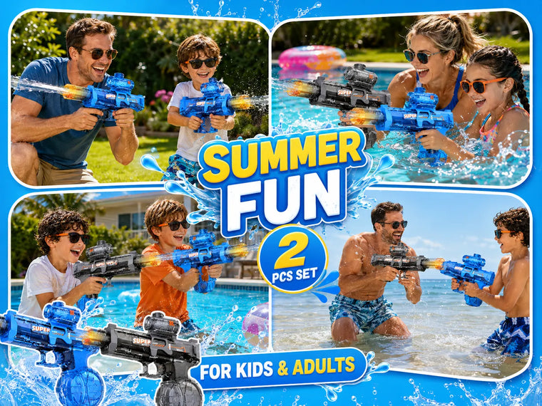 Adults and children using blue and black automatic electric water guns during summer pool and backyard water games