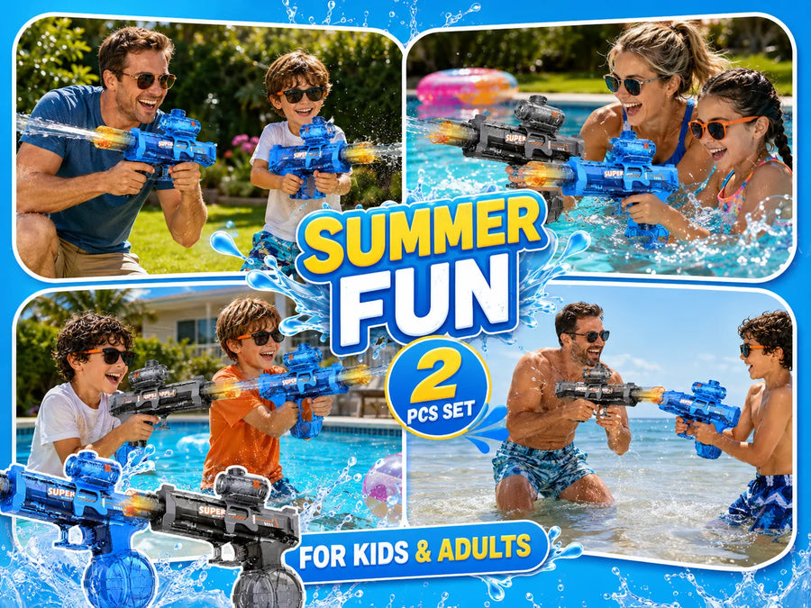 Adults and children using blue and black automatic electric water guns during summer pool and backyard water games