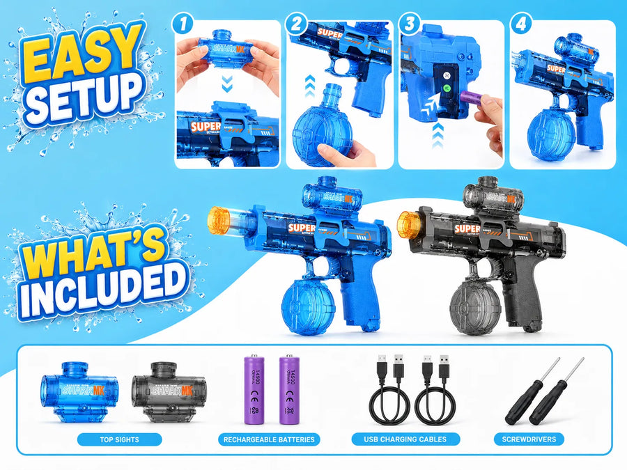 Blue and black automatic electric water gun set with setup steps, top sights, rechargeable batteries, USB charging cables, and screwdrivers