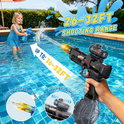 Black automatic electric water gun demonstrating a 26 to 32 ft shooting range during poolside water play