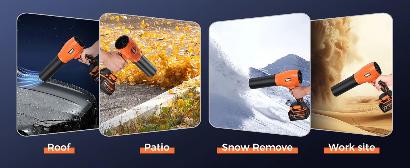 SNJORT orange cordless leaf blower shown in car drying, patio leaf cleanup, snow clearing, and work site dust scenes