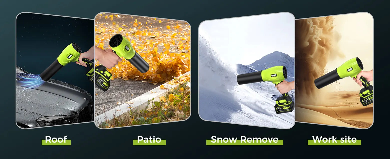 SNJORT green cordless leaf blower shown in car drying, patio leaf cleanup, snow clearing, and work site dust scenes