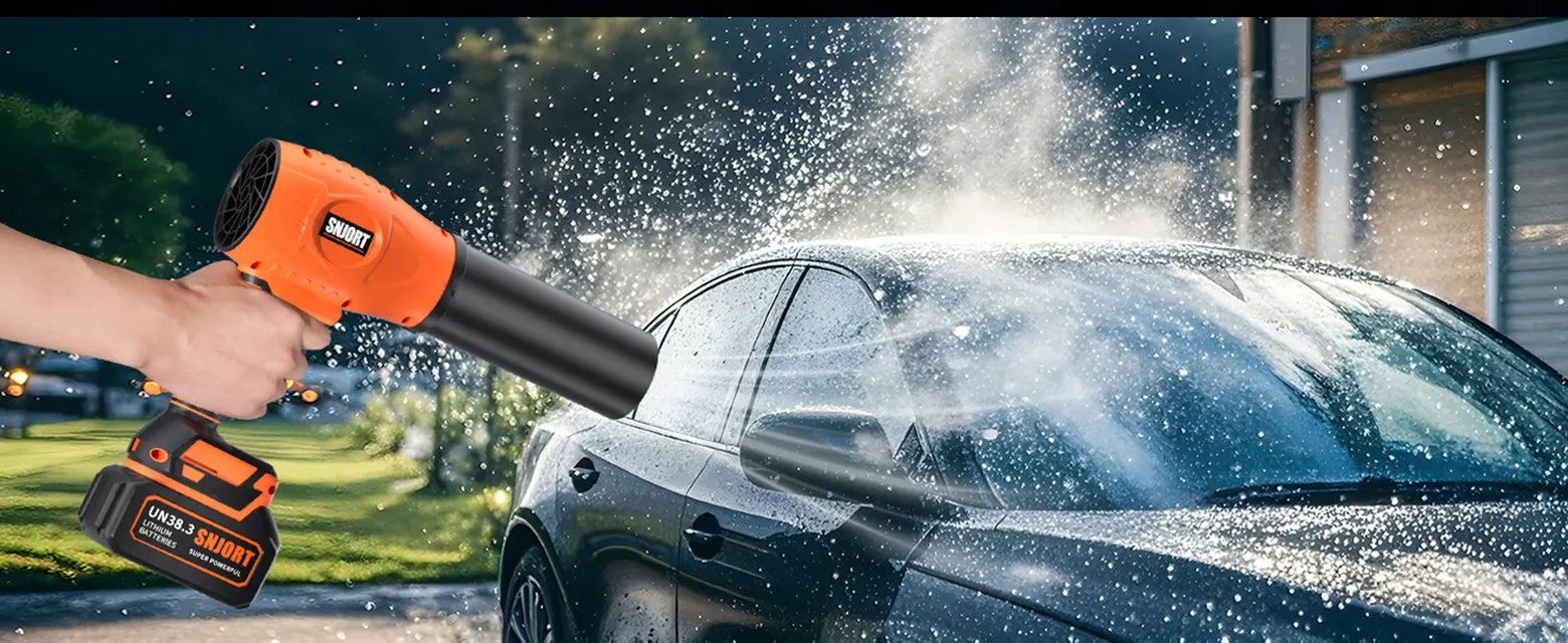 SNJORT orange cordless leaf blower shown drying water from a car surface with extended nozzle