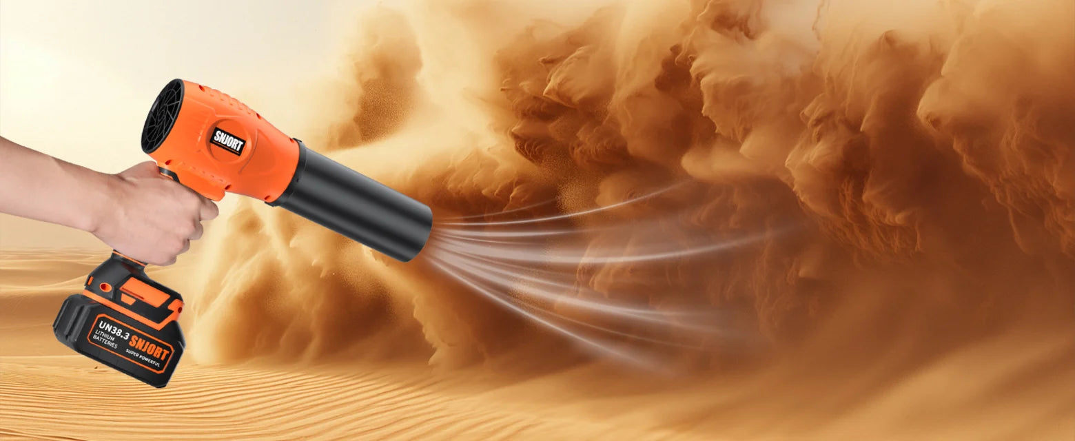 SNJORT orange cordless leaf blower shown blowing dust with extended nozzle in an outdoor scene