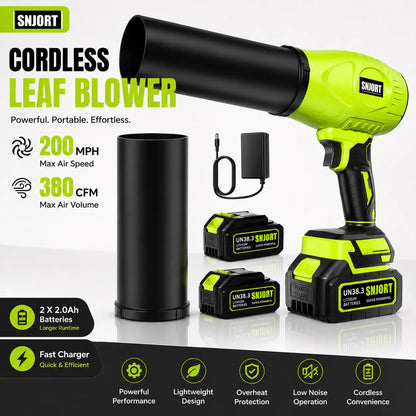 SNJORT green cordless leaf blower kit with extended nozzle, two batteries, charger, and accessory tube