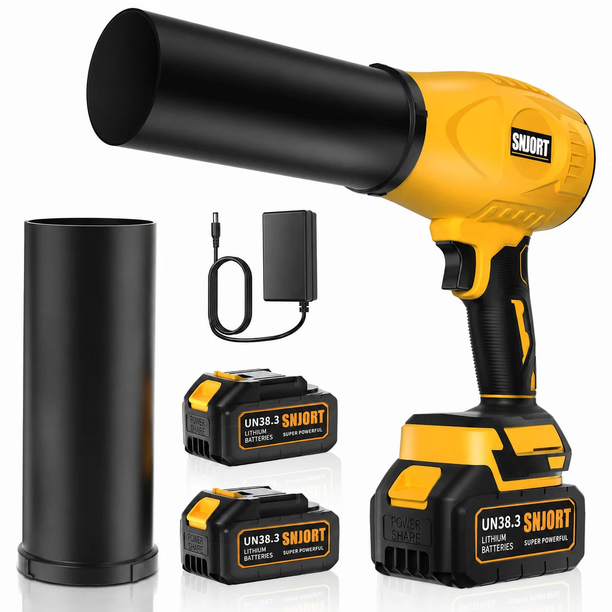 SNJORT yellow cordless leaf blower kit with extended nozzle, two batteries, charger, and accessory tube