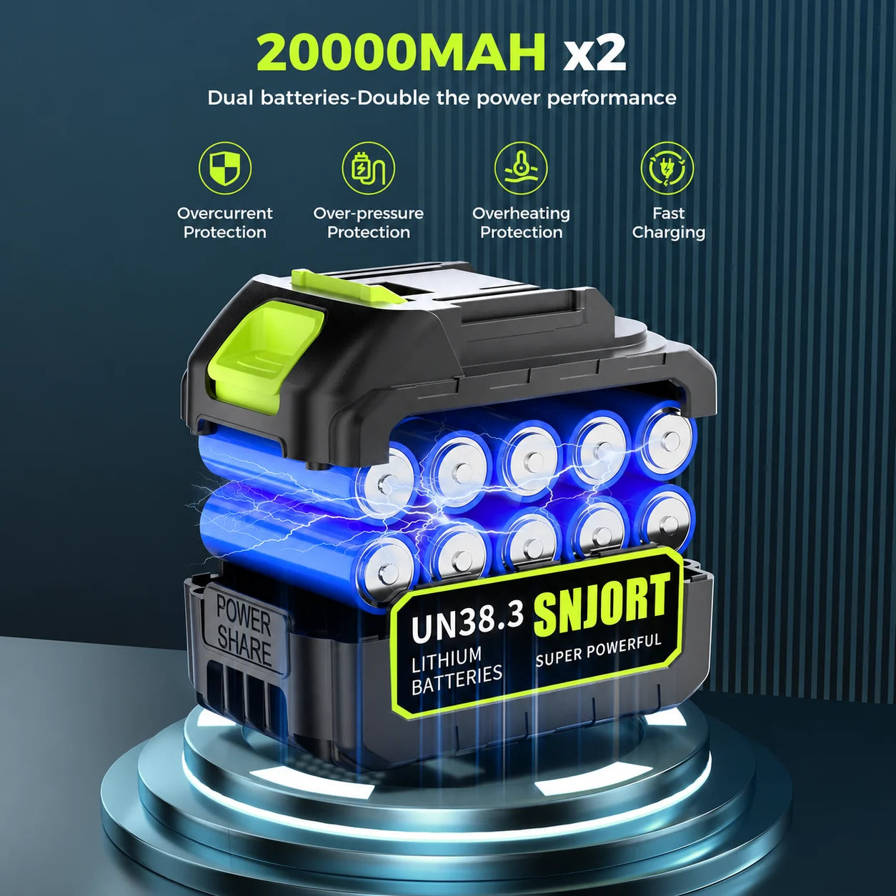 SNJORT green cordless leaf blower lithium battery detail showing dual battery capacity and charging protection feature icons