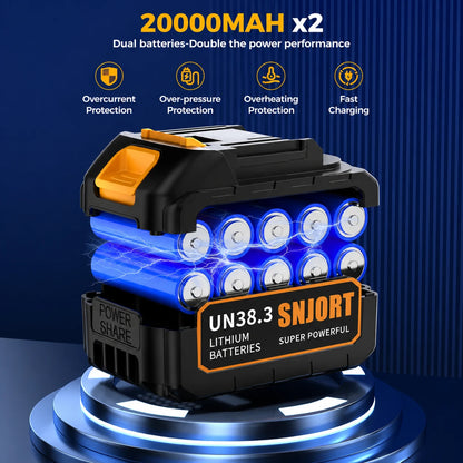 SNJORT yellow cordless leaf blower lithium battery detail showing dual battery capacity and charging protection feature icons