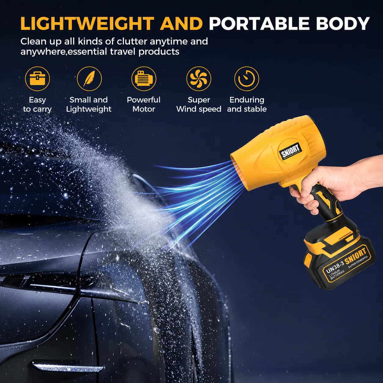 SNJORT yellow cordless leaf blower shown drying water from a car surface with lightweight and portable body feature callouts