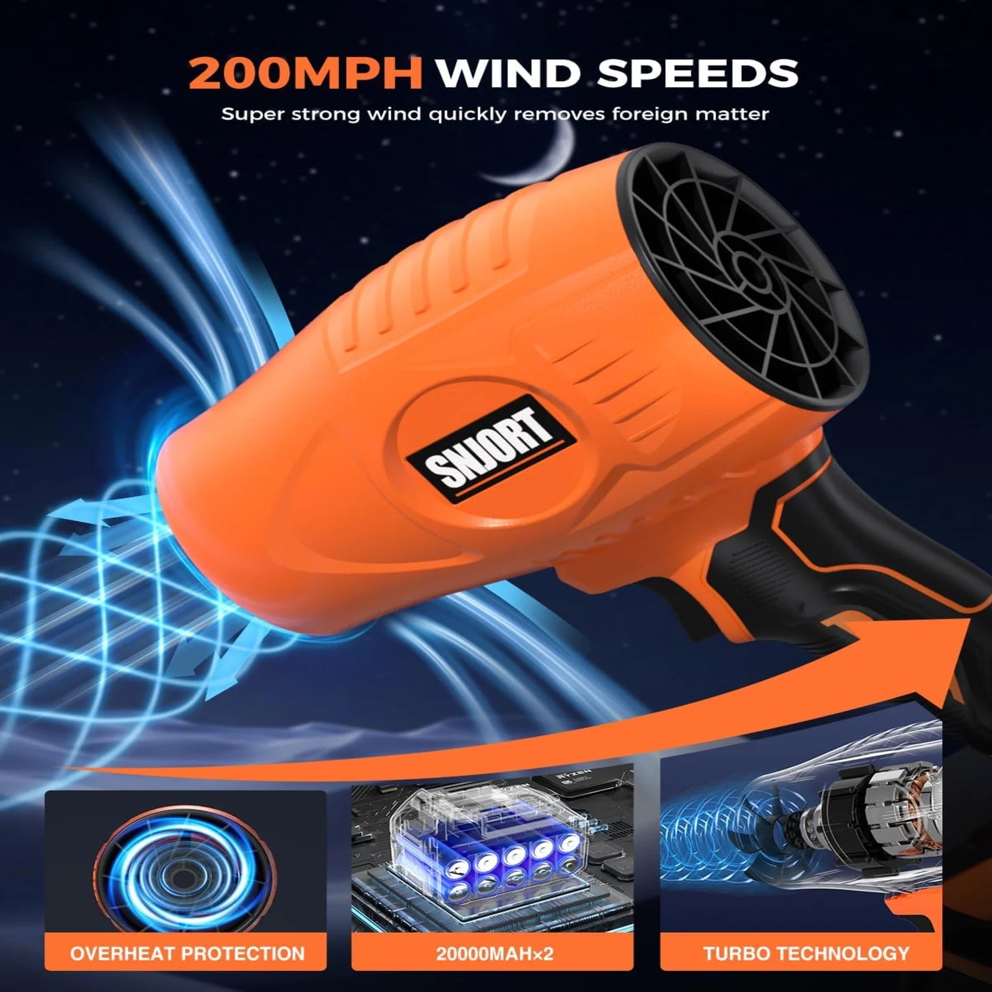 SNJORT orange cordless leaf blower close-up with wind speed, battery, and turbo technology feature callouts