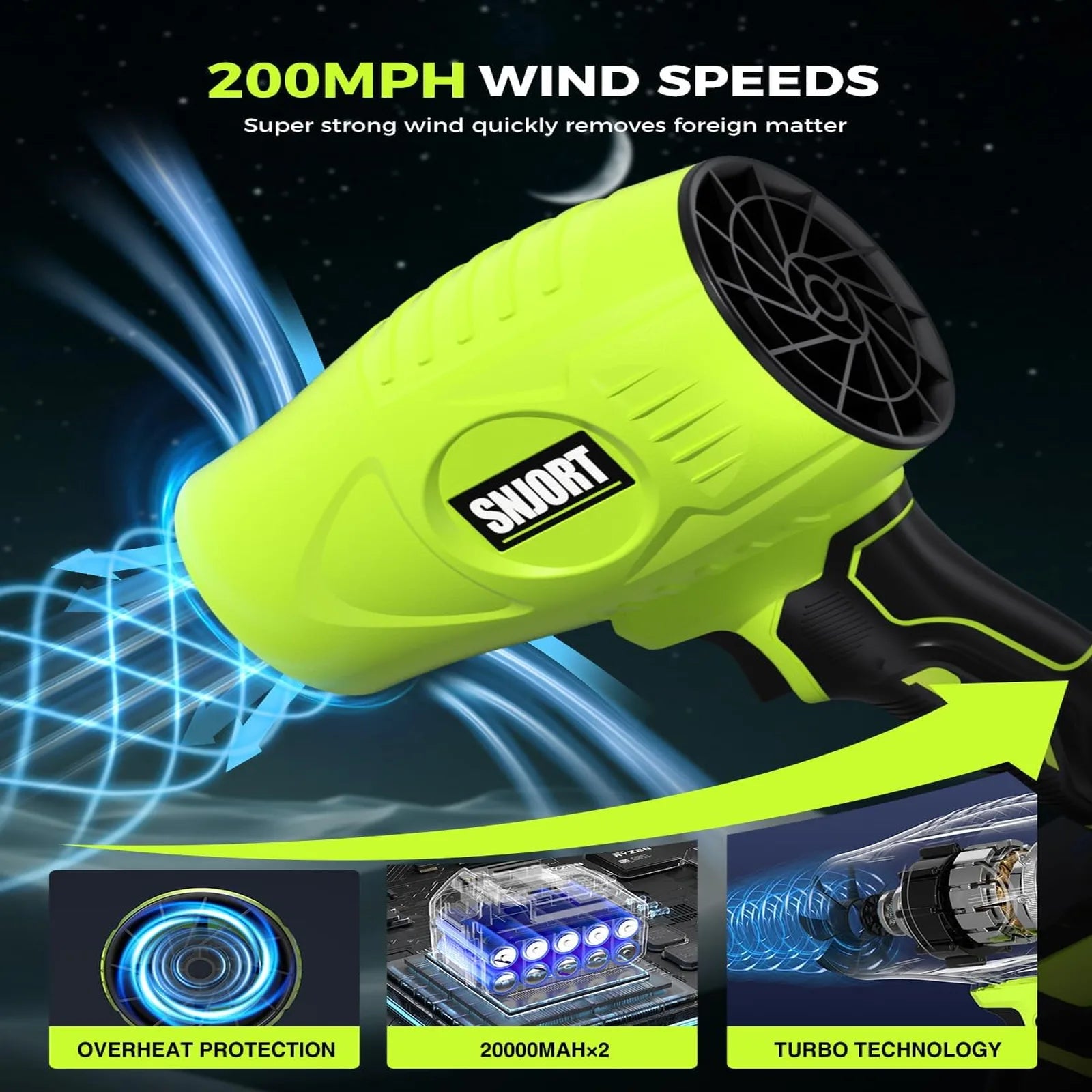 SNJORT green cordless leaf blower close-up with wind speed, battery, and turbo technology feature callouts
