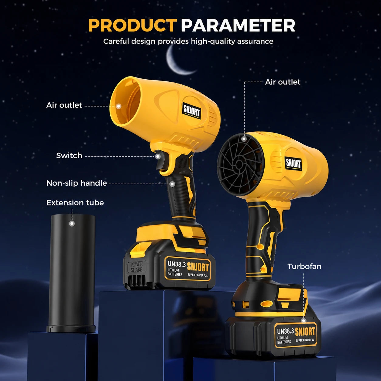 SNJORT yellow cordless leaf blower product detail diagram showing air outlet, switch, non-slip handle, extension tube, and turbofan