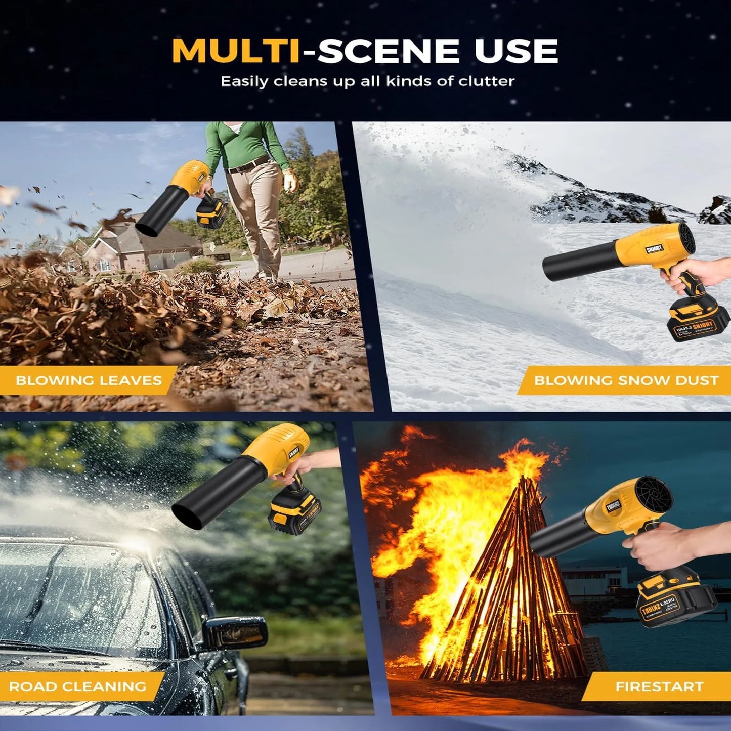 SNJORT yellow cordless leaf blower shown in multi-scene use for blowing leaves, snow dust, car water, and fire starting