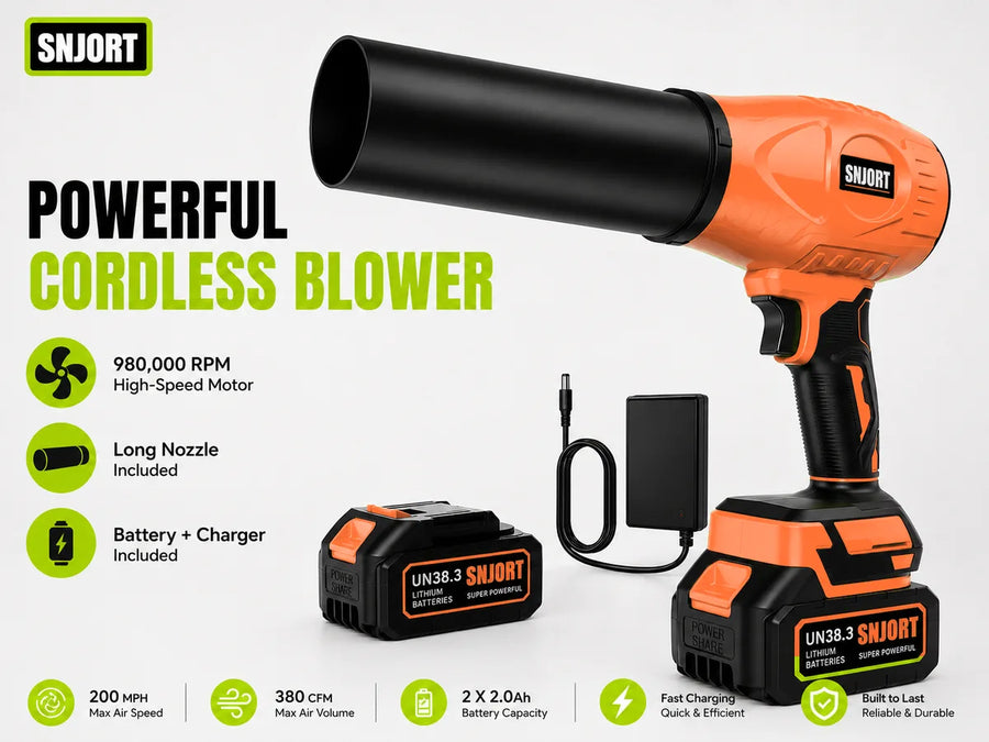 SNJORT orange cordless leaf blower kit shown with long nozzle, battery, and charger on a white background