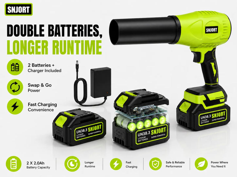 SNJORT green cordless leaf blower with double batteries, charger, and longer runtime feature callouts