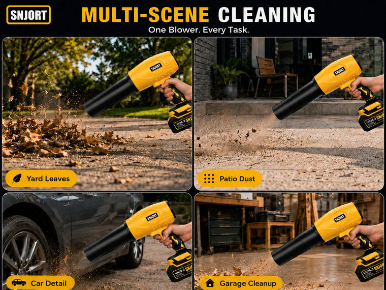 SNJORT yellow cordless leaf blower shown in multi-scene cleaning for yard leaves, patio dust, car detail, and garage cleanup